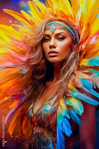 Woman in colorful dress with feathers on her head and and bright makeup.