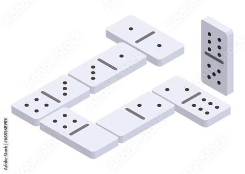 Board game, flat isometric view. Isolated colored icon of domino. Cartoon family table game for adults and kids for leisure and recreation. Vector illustration