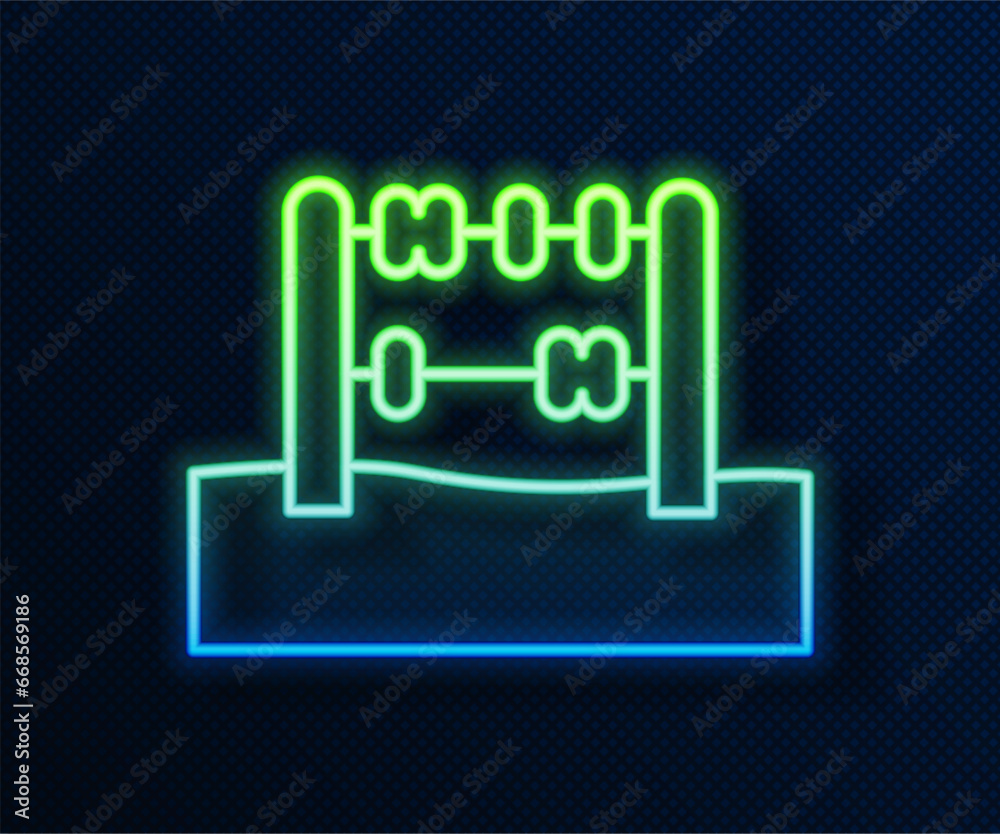 Glowing neon line Abacus icon isolated on blue background. Traditional counting frame. Education sign. Mathematics school. Vector Glowing neon line Abacus icon isolated on blue background. Traditional counting frame. Education sign. Mathematics school. Vector