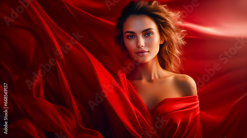 Woman in red dress is posing for picture with red cloth.