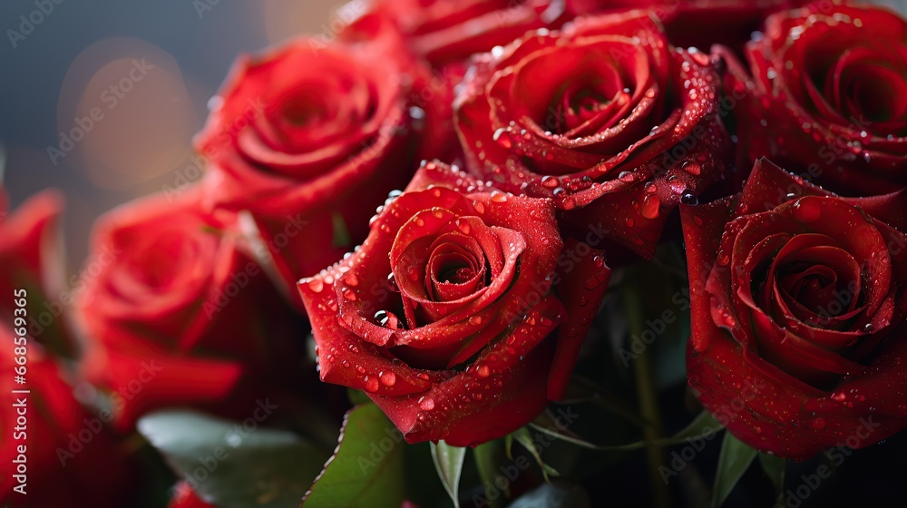 Obraz premium Bouquet of red roses with water drops in the vase. Beautiful floral composition for wedding, Valentine's day, birthday.
