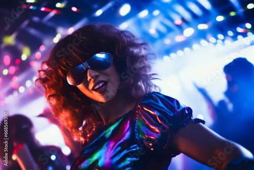 Woman with sunglasses on her face and disco ball in the background.