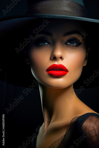 Young woman wearing black hat with red lipstick on her lips.