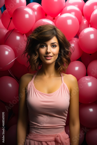 Woman standing in front of bunch of balloons.