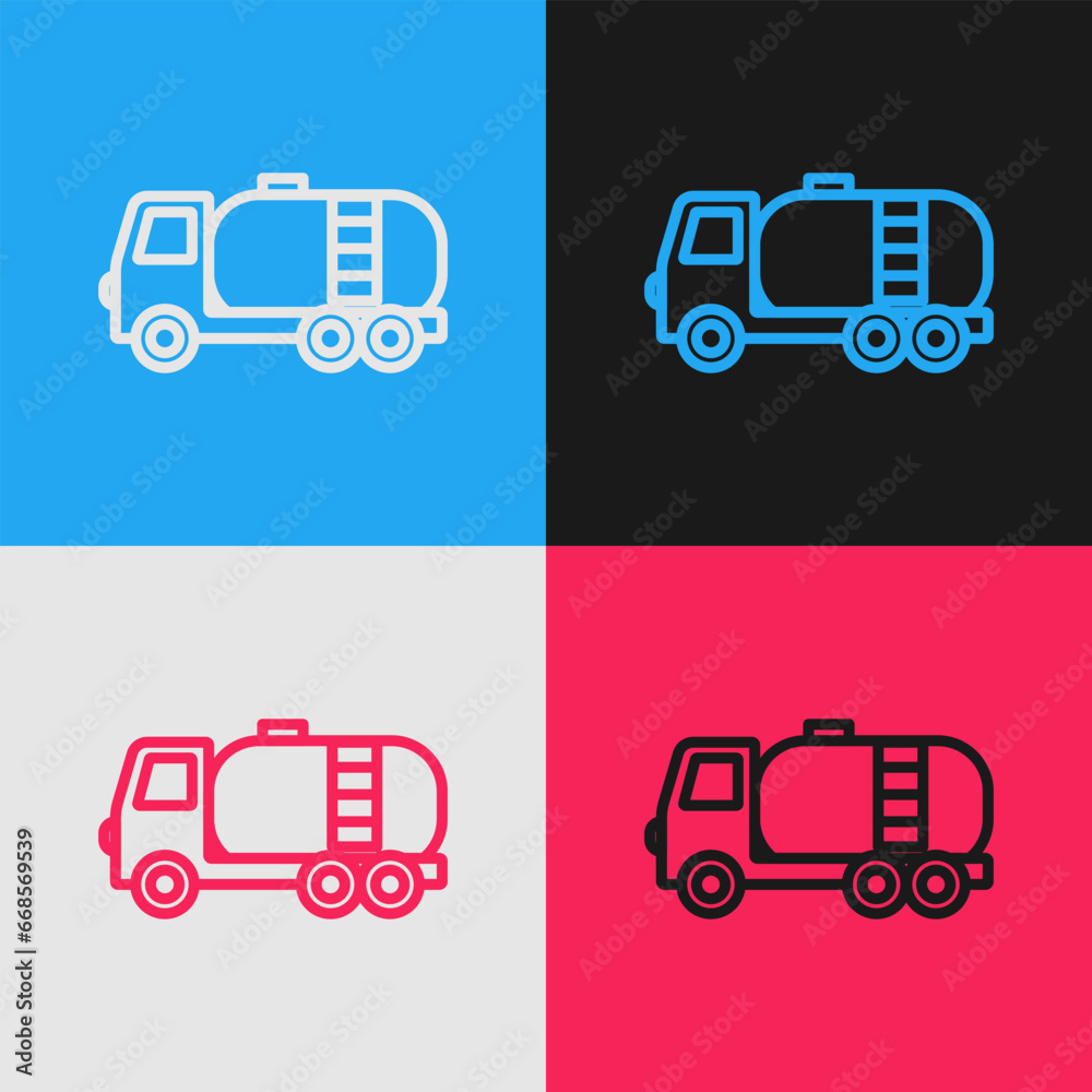 Pop art line Tanker truck icon isolated on color background. Petroleum tanker, petrol truck, cistern, oil trailer. Vector Pop art line Tanker truck icon isolated on color background. Petroleum tanker, petrol truck, cistern, oil trailer. Vector
