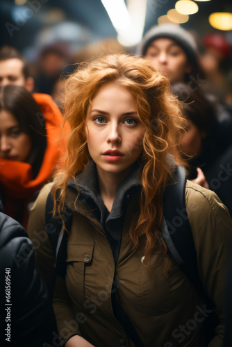 Woman with red hair and backpack on crowded street.