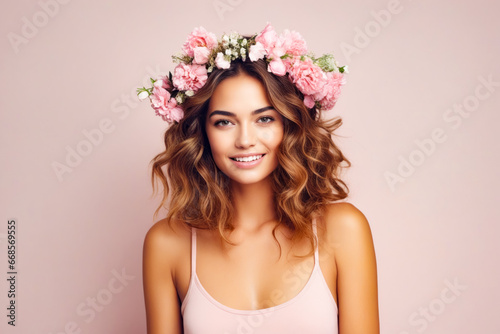Woman with flowers in her hair wearing bra.