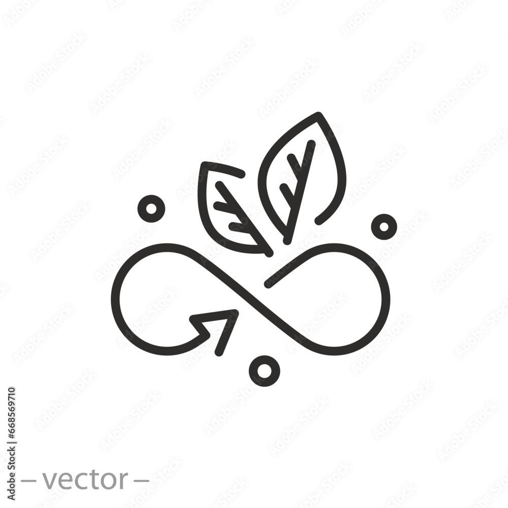 fresh infinity icon, leaves with infinity sign, save environment, eco-friendly concept, thin line vector illustration - obrazy, fototapety, plakaty 
