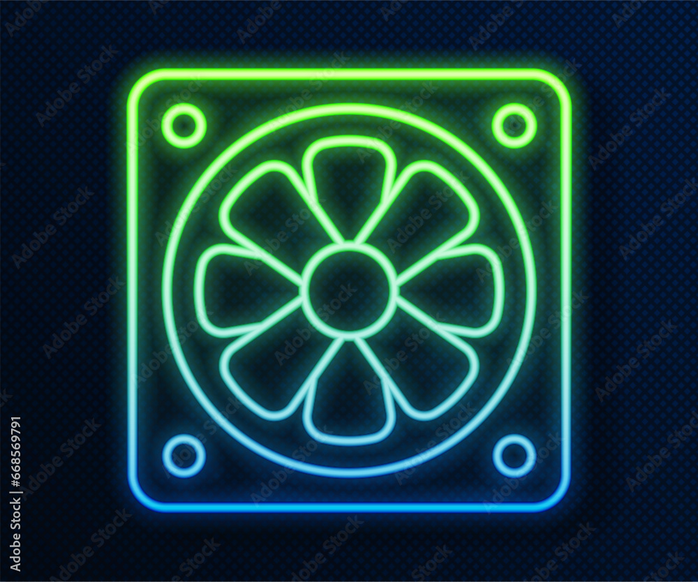 Glowing neon line Computer cooler icon isolated on blue background. PC hardware fan. Vector Glowing neon line Computer cooler icon isolated on blue background. PC hardware fan. Vector
