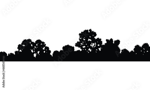 Forest silhouette, natural wild landscape. Editable vector foreground of woodlands. Tees black silhouettes, detailed illustration #668569759