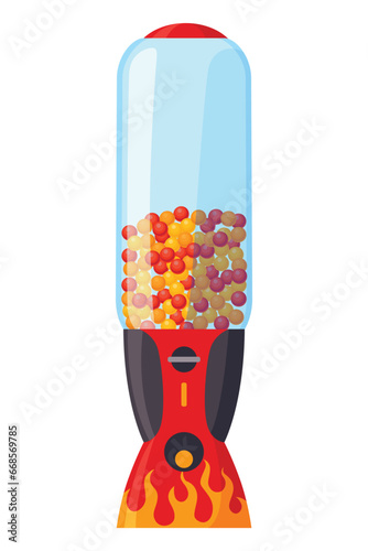 Gumball machine icon. Transparent round glass candy dispenser with colorful bubble gum. Vending machine. Container sweets balls penny coin. Vector illustration isolated on white