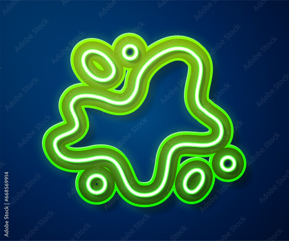 Fototapeta premium Glowing neon line Water spill icon isolated on blue background. Vector