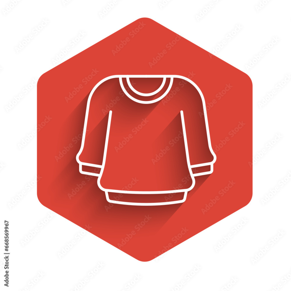 White line Sweater icon isolated with long shadow background. Pullover icon. Sweatshirt sign. Red hexagon button. Vector White line Sweater icon isolated with long shadow background. Pullover icon. Sweatshirt sign. Red hexagon button. Vector