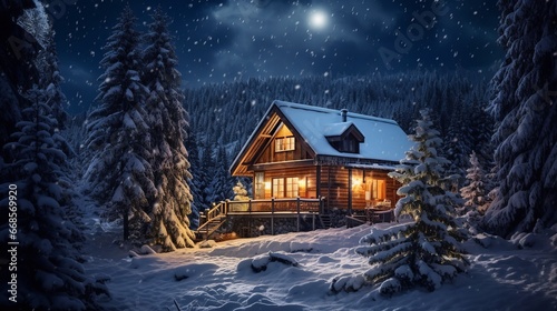 Enchanted Winter Cabin Under Starry Sky