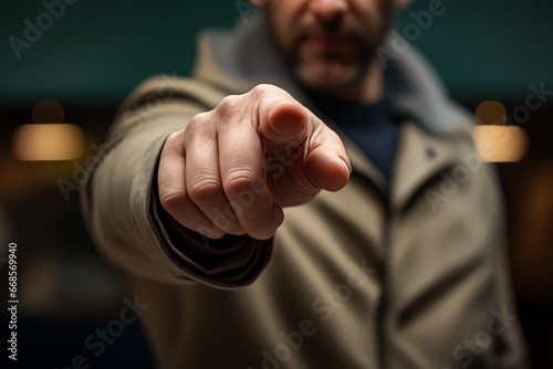 Man pointing his finger at the camera with serious look on his face.