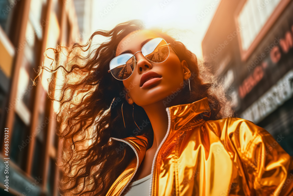 Obraz premium Young woman with sunglasses and gold jacket posing for picture on city street.