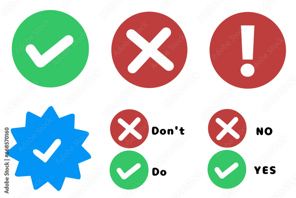 green yes red no warning blue verify mark sign symbol yes or no use to help people with information, making decision, choice do and don't use to explain how to do vector icon - obrazy, fototapety, plakaty 