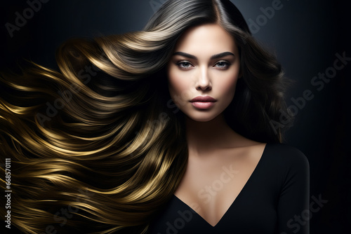 Woman with long hair with black background and gold streak.