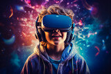 Boy wearing pair of headphones and virtual reality.