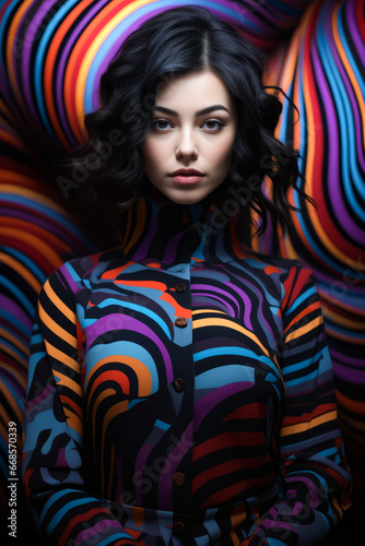 Woman with black hair and colorful shirt is posing for picture.