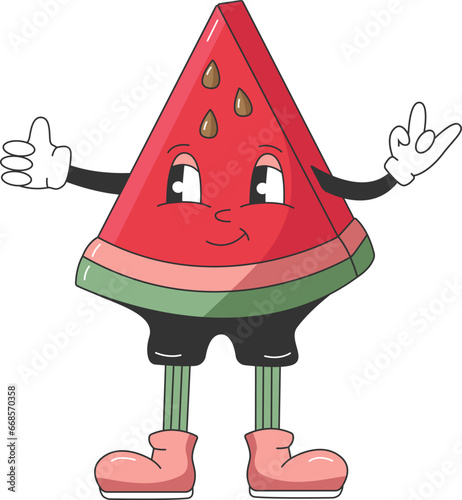 Sweet Juicy Fresh Fruit. 90s Fruit Funny Retro Groovy Cartoon Hippie Character. Comic Character of Watermelon on transparent background. Groovy Summer Vector Illustration.