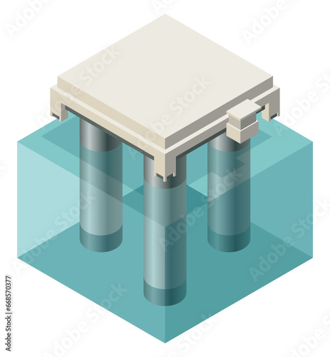 Oil gas platform isometric icon composition. Offshore mining element of depot petroleum products with drilling rig platform. Item for extraction from under the sea bed deposits