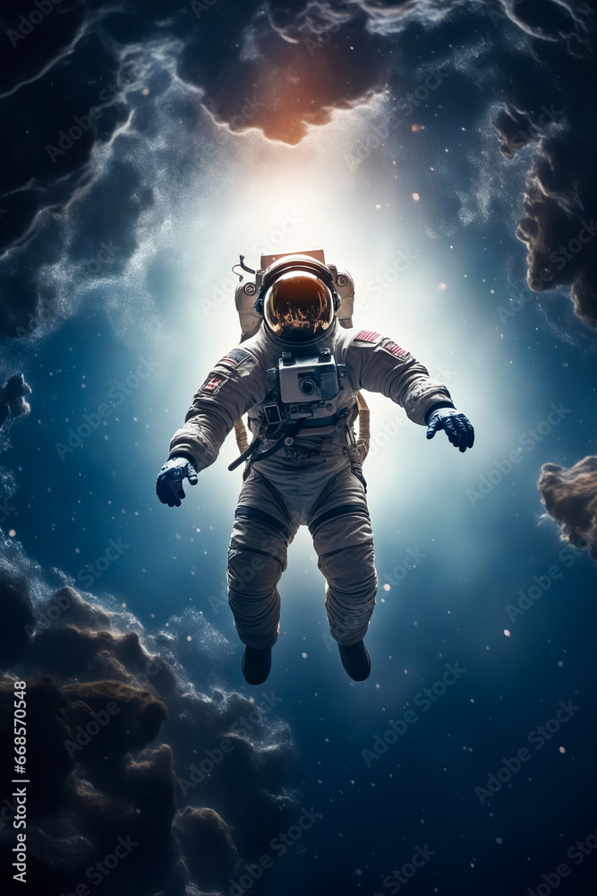 Astronaut floating in the sky with clouds and stars.
