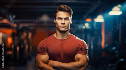 Adult man bodybuilder posing for picture with her arms crossed in gym.