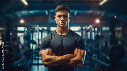 Adult man bodybuilder posing for picture with her arms crossed in gym.