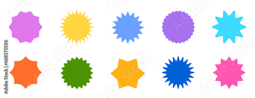Flat simple starburst shapes. Sticker, label, promotional badge on white background