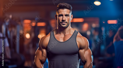 Adult man bodybuilder posing for picture with her arms crossed in gym.