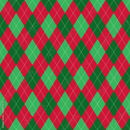 Red and light green square argyle vector pattern with white dotted lines, seamless geometric background for men's clothing, wrapping paper ,Christmas design.