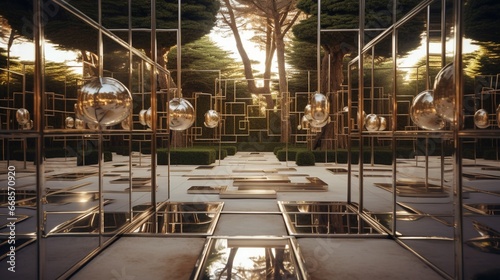 A contemporary outdoor labyrinth with mirrored walls and hidden surprises. photo