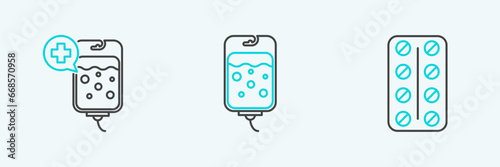 Set line Pills in blister pack, IV bag and icon. Vector