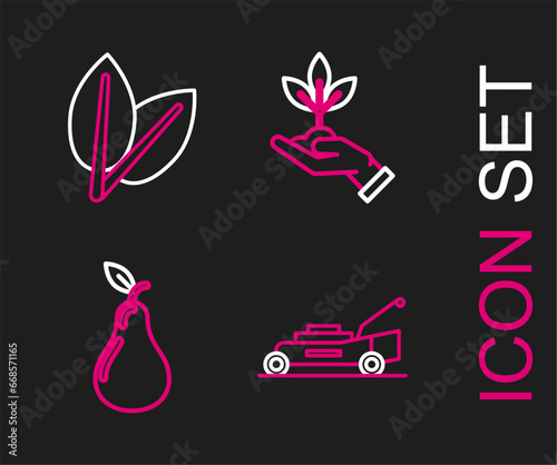 Set line Lawn mower, Pear, Plant in hand of environmental protection and Leafs icon. Vector