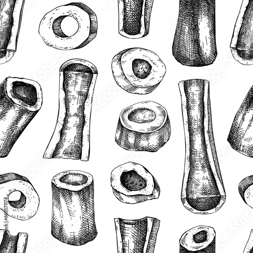Big marrowbone with meat sketches. Raw bones background. Hand-drawn vector illustration for butchery, recipes, menu in vintage style. Healthy food seamless pattern