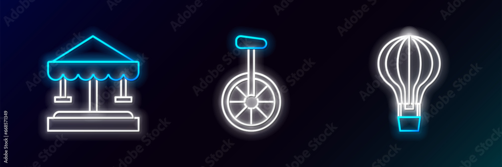 Set line Hot air balloon, Attraction carousel and Unicycle or one wheel bicycle icon. Glowing neon. Vector Set line Hot air balloon, Attraction carousel and Unicycle or one wheel bicycle icon. Glowing neon. Vector