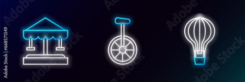 Set line Hot air balloon, Attraction carousel and Unicycle or one wheel bicycle icon. Glowing neon. Vector