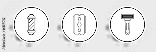Set line Shaving razor, Classic Barber shop pole and Blade icon. Vector
