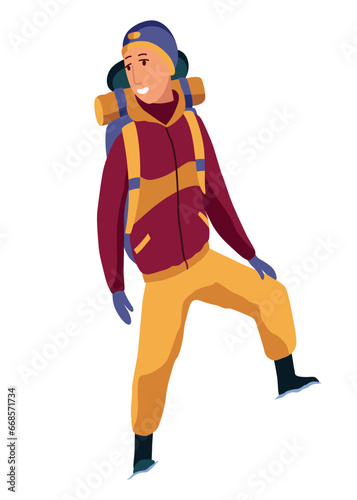 Young man walking alone. Cartoon backpacker on winter hiking, active walking at snowy season. People outdoors activity. Travel expedition