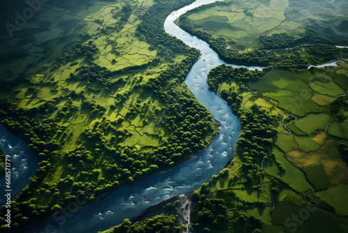 Ecology and environment concept. Green nature from above. Aerial view on river landscape. Healthy nature Earth Day.