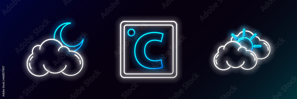 Set line Sun and cloud weather, Cloud with moon stars and Celsius icon. Glowing neon. Vector