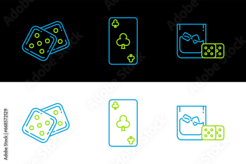 Set line Game dice and glass of whiskey with ice cubes, and Playing card clubs symbol icon. Vector