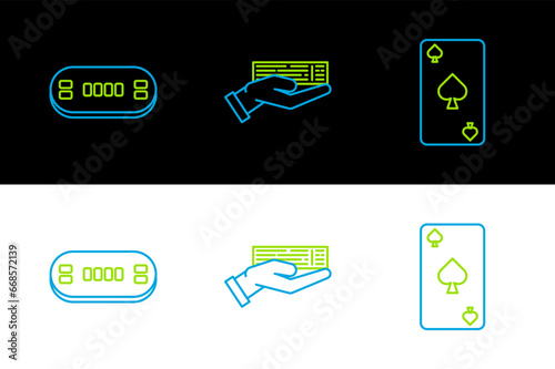 Set line Playing card with spades symbol, Poker table and Hand holding deck of playing cards icon. Vector