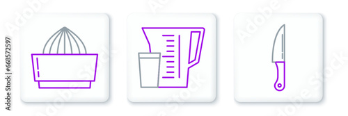 Set line Knife, Citrus fruit juicer and Measuring cup icon. Vector
