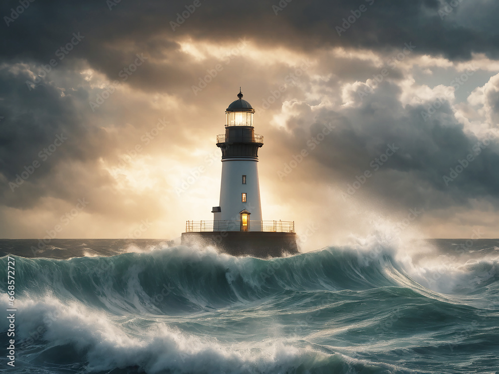 Big waves crashing in the lighthouse on the rocks. Storm at the ocean. Generative Ai