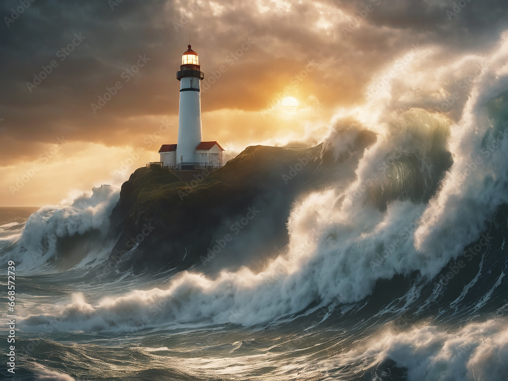 Big waves crashing in the lighthouse on the rocks. Storm at the ocean. Generative Ai