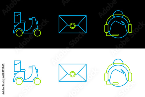 Set line Support operator in touch, Scooter delivery and Envelope icon. Vector