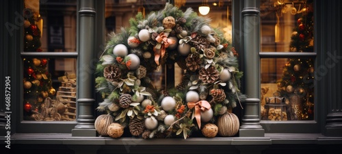 Chic pink Christmas wreath on a shop window. Christmas wreath on the door. Horizontal banking background for web. Photo AI Generated