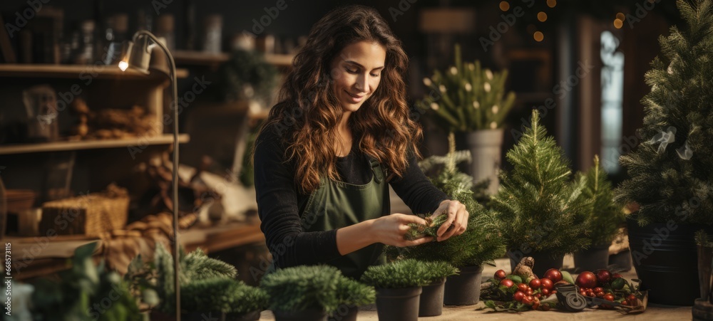 Christmas pine garland busckets. A brunette woman florist makes a pine garland for Christmas. Horizontal banking poster background for advertisement. Photo AI Generated